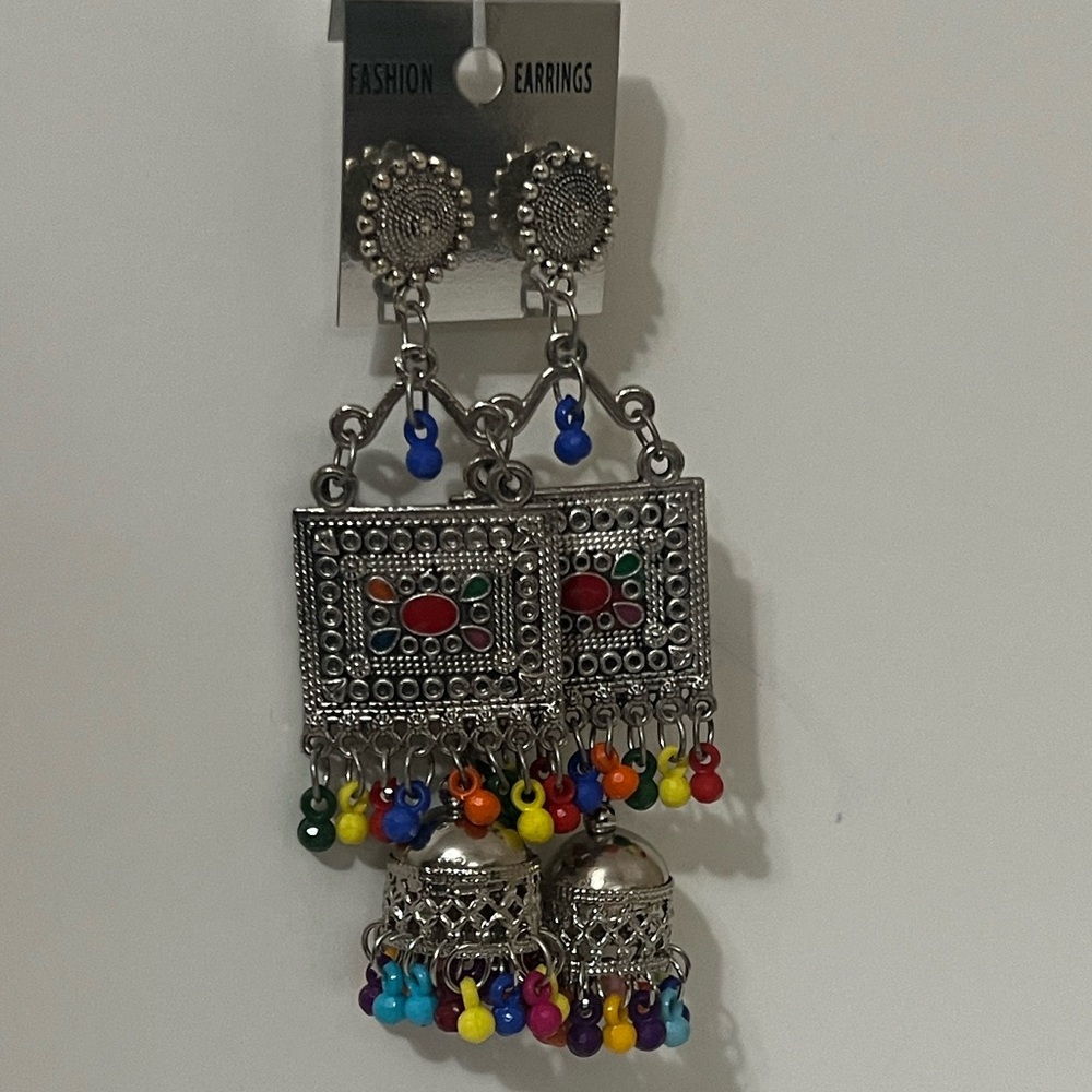 NWT | Boho Tribal Statement Earrings Silver Tone Multicolor Beaded